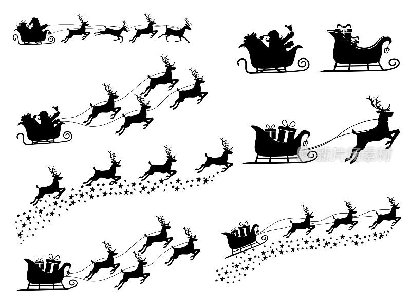 set of Silhouette Santa Claus on a reindeer sleigh. isolate on white background. Vector illustration